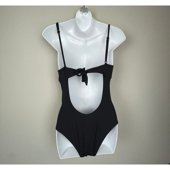BECCA Black Asymmetrical Neckline One-Piece‎ Swimsuit Sz M Open Tie Back Beach - Picture 3 of 5